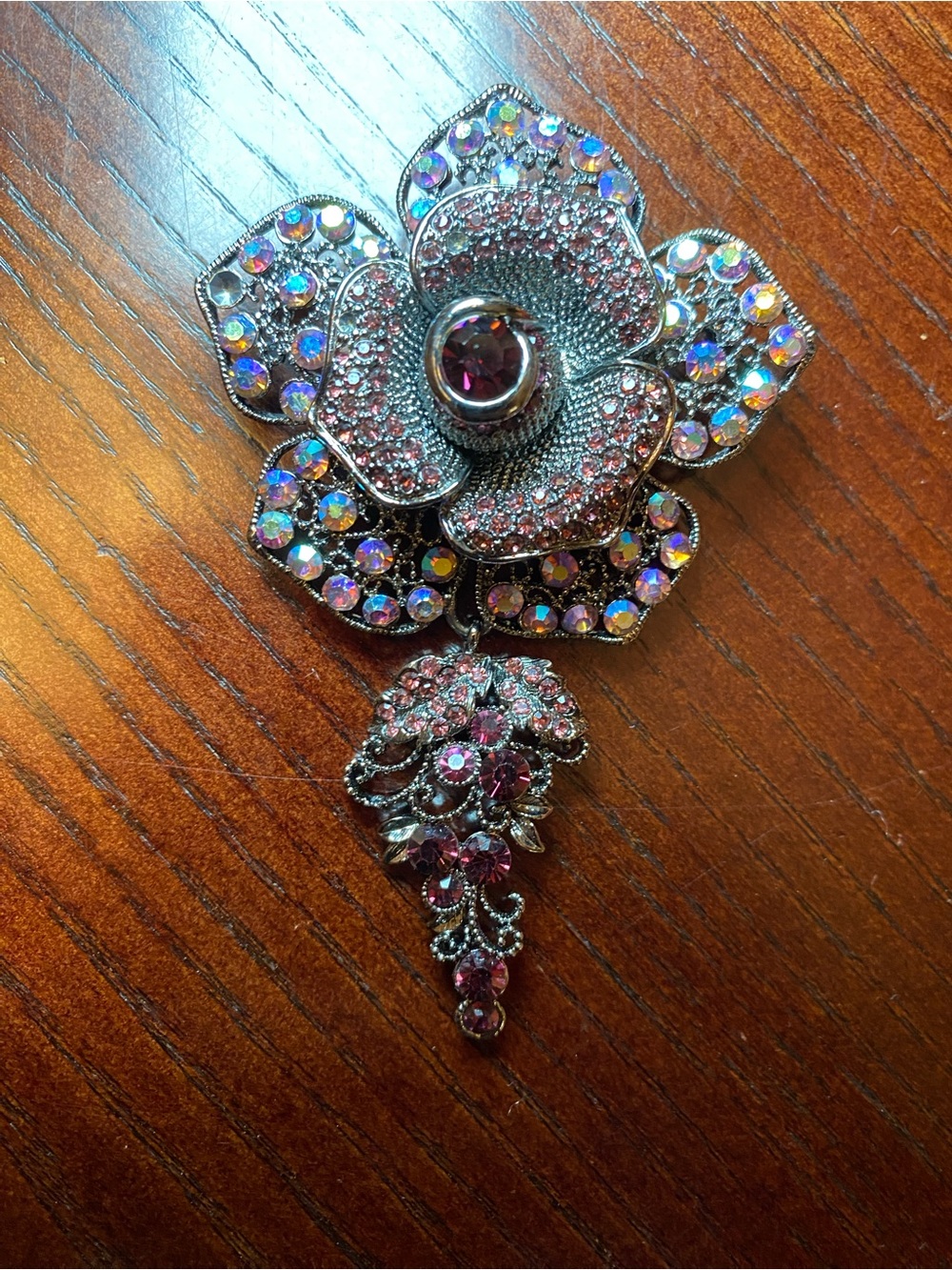 Costume Vintage Rhinestone Floral Brooch with dangle